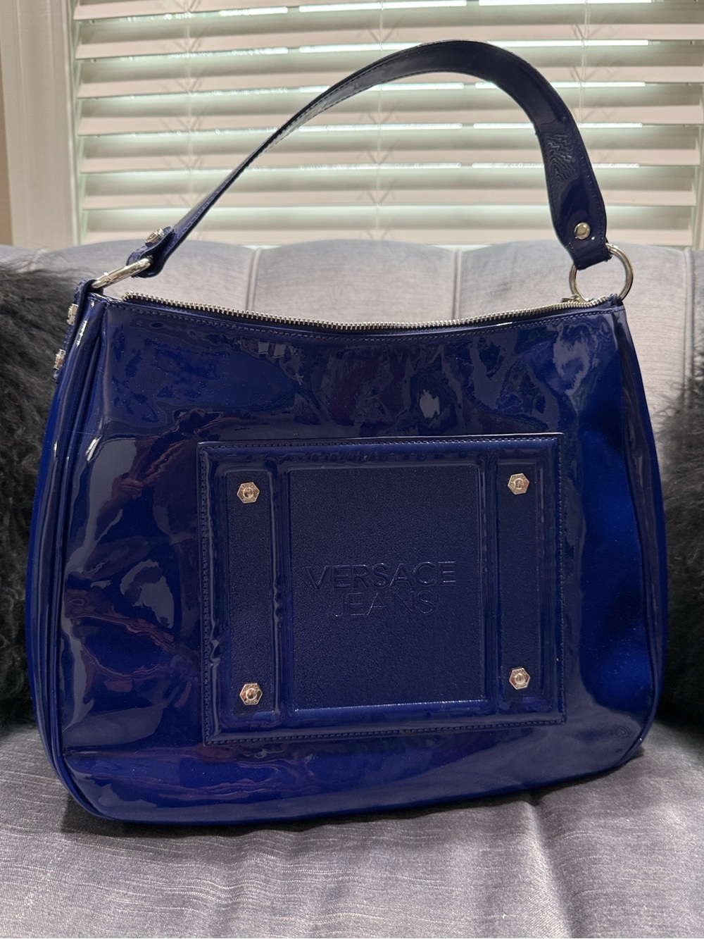 Versace Jeans Collection Patent Shoulder Bag in Navy Blue